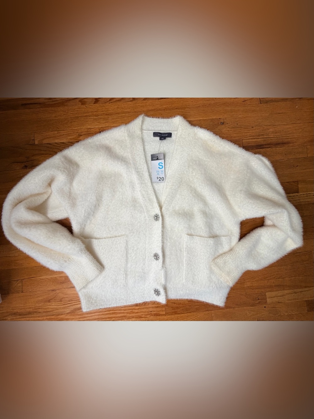 Primark Women's Ivory Fuzzy V-Neck Cardigan with Jeweled Buttons